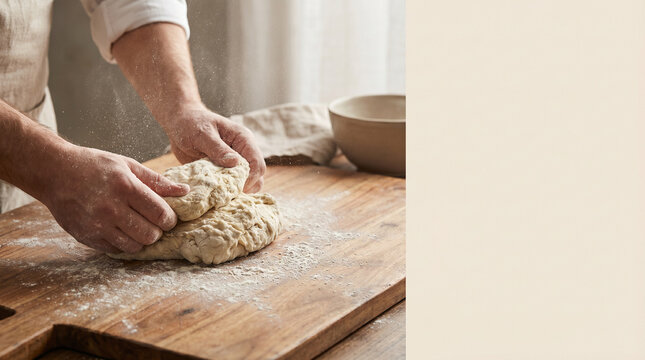 Wide artisan dough stretching scene with copy space on wooden board