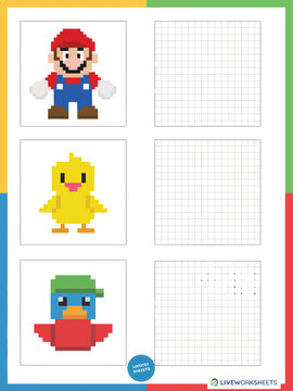 Pixel art worksheet for kids with mario, a yellow duck, and a blue duck with a green cap to copy into the blank grids