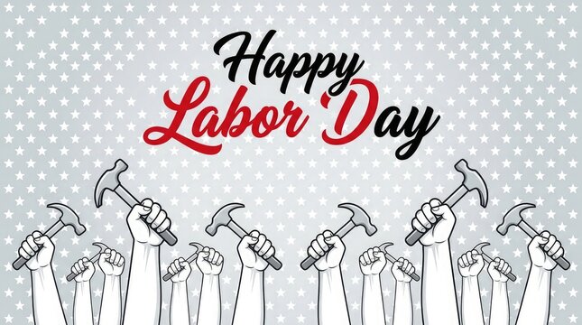 Happy labor day illustration hands holding hammers with starry background for worker appreciation
