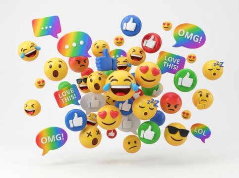 3d render of various social media reaction emojis and speech bubbles floating isolated on white background
