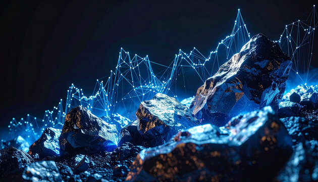 Digital Mining Exploration: A complex network of glowing blue digital lines overlays rugged, dark rocks, suggesting a fusion of digital data and geological resources.