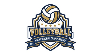 Fototapeta premium Professional volleyball championship emblem with a ball and shield design.
