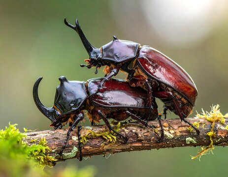 A close-up photograph of two large, dark-colored beetles with distinctive horns and shiny bodies on a branch