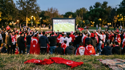 Obraz premium Turkish football fans watching outdoor match on big screen in park