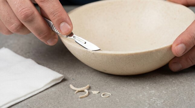 Hands Trimming Fungal Composite Bowl Edge In Minimal Clean Workshop