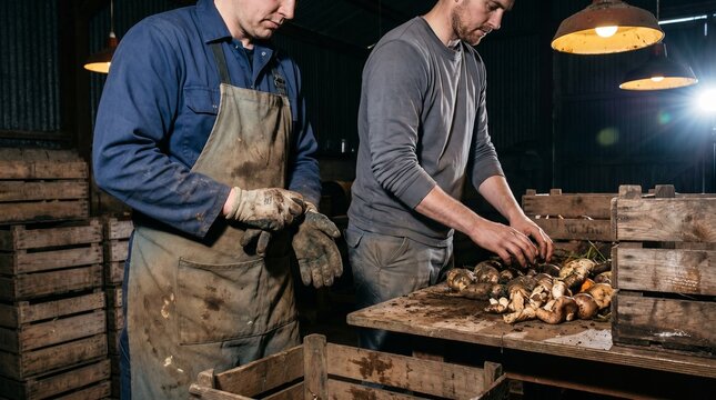 Exhausted late shift workers continue dirty produce sorting under barn light