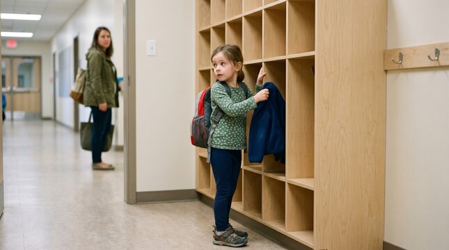 Kindergarten cubby arrival with child starting independence on first day