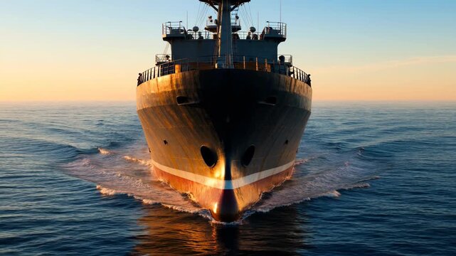 Large Cargo Ship Sailing Across the Open Ocean at Sunrise