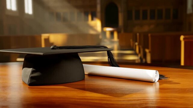 Static shot of graduation cap and rolled diploma resting on wooden table inside sunlit auditorium with rays of light and wooden pews