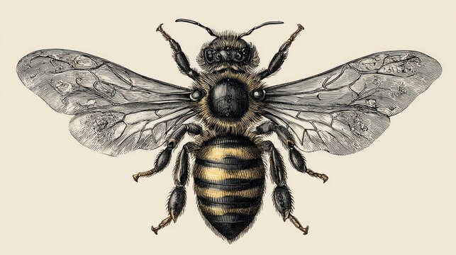 Detailed illustration of a bee, wings spread
