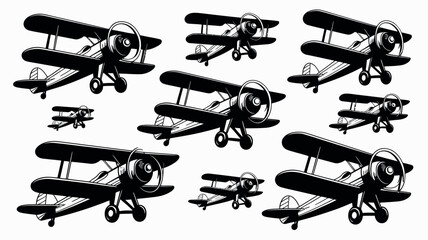 Collection of vintage biplane aircraft in a stylized illustration © vectorbd