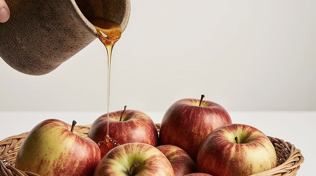 Honey poured over ripe apples in woven basket &mdash; traditional Rosh Hashanah ritual symbolizing a sweet and blessed new year