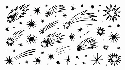Hand drawn collection of shooting stars and stars on white background © MdRiyad
