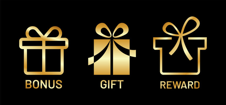 Gold gift box icons with Bonus, Gift and Reward labels. Luxury vector symbols for loyalty programs, rewards, giveaways, promotions, ecommerce, shopping, bonuses and special offers.