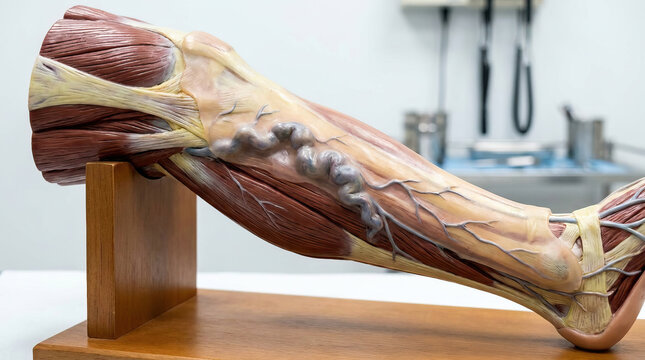 Anatomical dissection model showing detailed human leg muscles, tendons, and veins on wooden stand in clinical setting for educational purposes