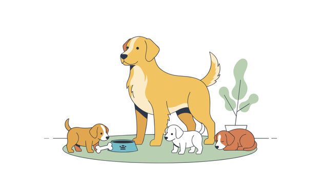 Mother golden retriever dog standing on a rug with her three cute little puppies playing and sleeping around her.
