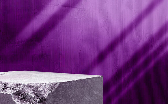 Stone podium platform for product presentation on violet textured wall background with light and shadow. Empty rock stage display showcase template for cosmetics or luxury goods.
