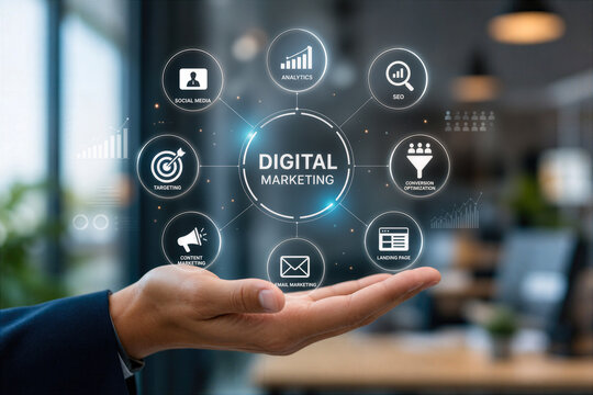 Digital marketing concept hand presenting social analytics conversion optimization icons in modern office environment with blurred background and conversion optimization focus for campaigns