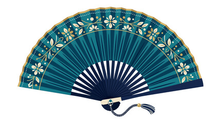 A teal and gold handheld fan. © nikha