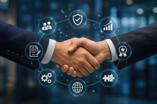 Business partnership handshake with floating agreement icons contract security growth certification global strategy teamwork concept for corporate deal and collaboration illustration