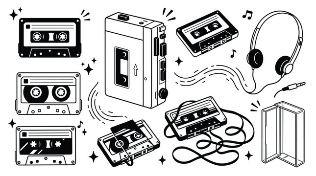 Retro Cassette Tape and Walkman Vector Collection with Vintage Audio Player Headphones Magnetic Tape Music Recording and Nostalgic Line Art Elements