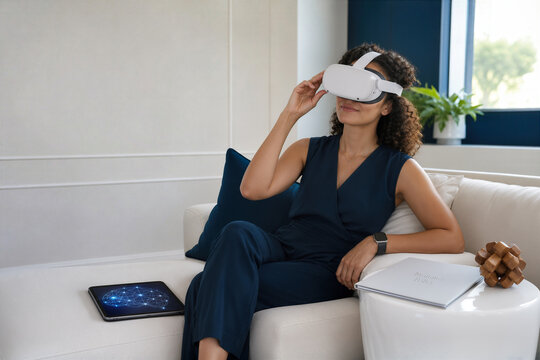 Thoughtful diverse woman wearing white VR headset practicing brain training in modern living room with insurance policy folder embossed mental fitness cognitive reserve concept