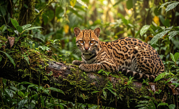 Majestic Ocelot Resting on a Mossy Rainforest Log in Soft Golden Morning Light
