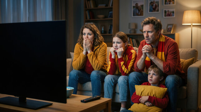 Family watching tense final moments of sports game at home