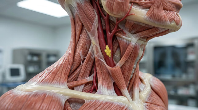 Human muscle anatomy dissection model showing detailed neck muscle structure and blood vessels in clinical setting with soft tissue and connective tissue visible