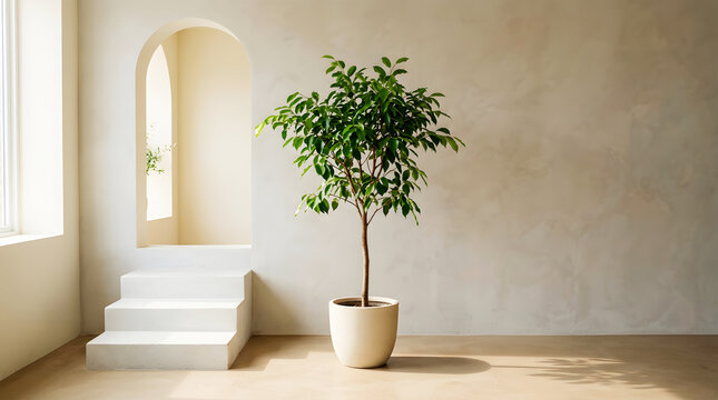 Minimalist living room with small potted olive tree and soft natural light plant