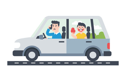 Fototapeta premium Worried father talking on a phone while driving a car with a little boy eating messy red ice cream in the back.