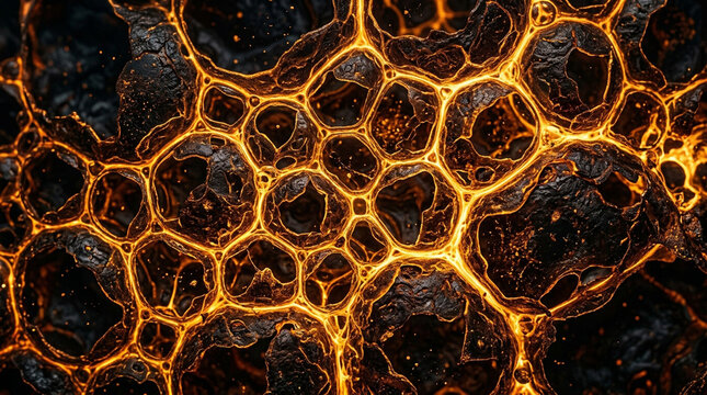 Abstract organic pattern of glowing golden lava bubbles