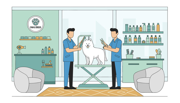 Professional pet grooming salon Paw and Order with two groomers styling a fluffy white dog on a table.