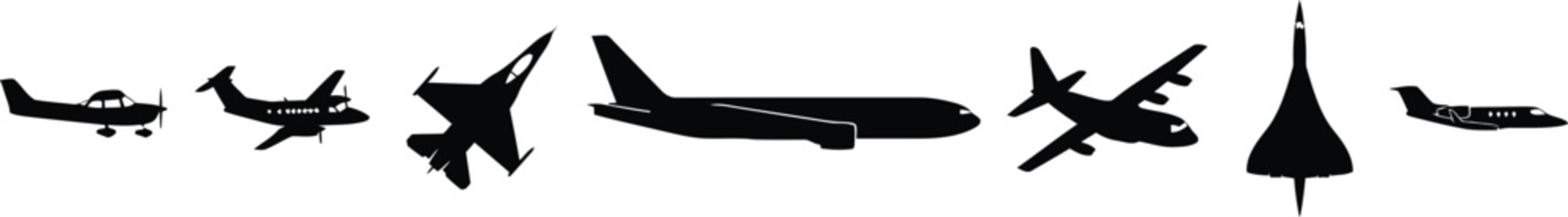 Black silhouettes of various airplanes and jets