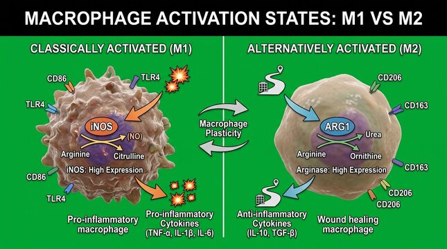 Scientific diagram comparing M1 and M2 macrophage activation states in biology