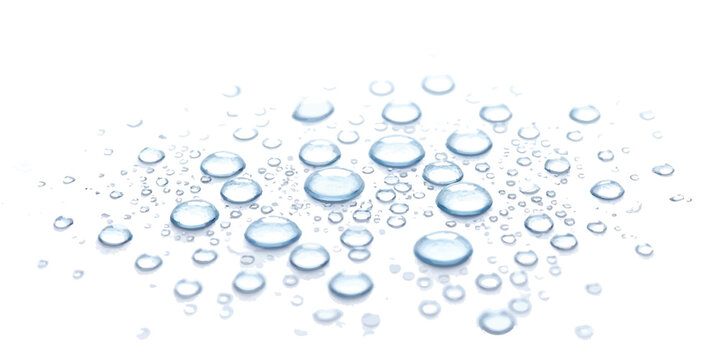 Clear water droplets and dew bubbles scattered on a surface with natural reflections and light blue tones