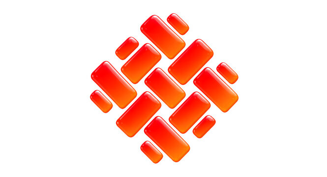 Abstract 3D geometric pattern of glossy orange and red rounded rectangular blocks, transparent png