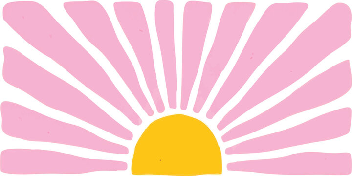 Cute yellow sun with soft pink radiating light rays in a simple hand drawn doodle style illustration