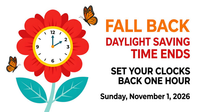 Red alarm clock with autumn leaves, daylight saving time reminder
