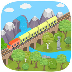 Naklejka premium 3D Isometric Flat Illustration of Journeying Through Natural Landscapes By Train, Railway Transport and Bridge