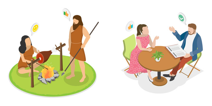 3D Isometric Flat  Illustration of Primitive Vs Modern Couple, Evolution Of Cave Primitive Life