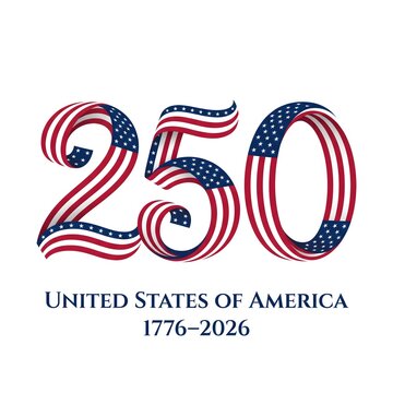 USA 250th anniversary commemorative typographic logo with American flag ribbon
