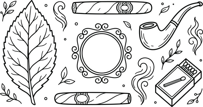 Vintage cigar and smoking pipe vector illustration set with tobacco leaf and matchbox elements for lounge branding