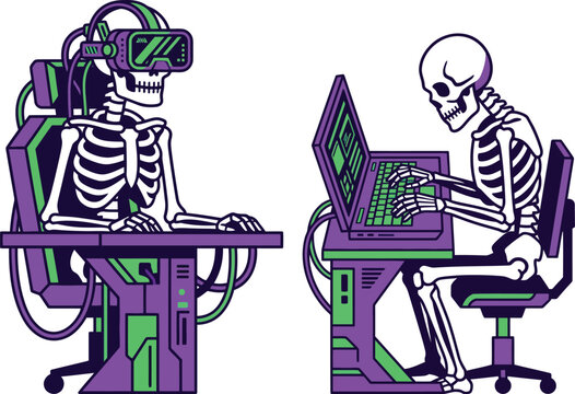 Skeletons gaming on computers with stylized skeletons engaged transparent background