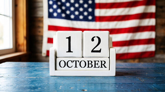 Red, white, and blue calendar on wooden desk showing october 12th