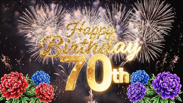 70th birthday animation in gold with fireworks background, Animated 70 years Birthday Wishes.