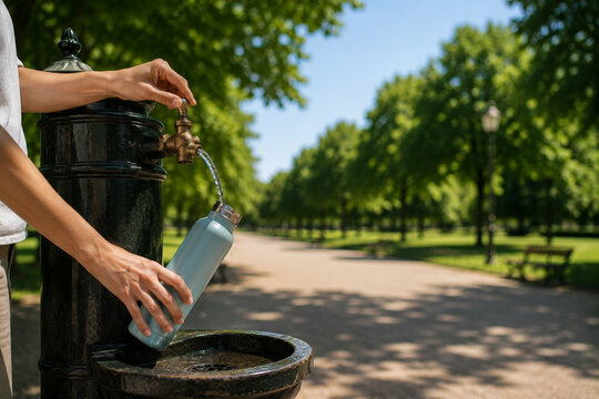 A man fills a reusable stainless steel bottle with water from a public drinking fountain in a European park on a hot summer day. Concepts: hydration, climate change adaptation, active lifestyle.