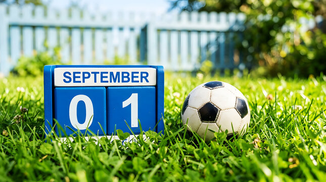 September 01 date card with white teddy bear on green grass calendar