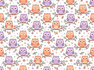 Fototapeta premium Owls pattern showcases colorful birds perched on tree branches surrounded by small hearts and leaves in a whimsical repeating design.