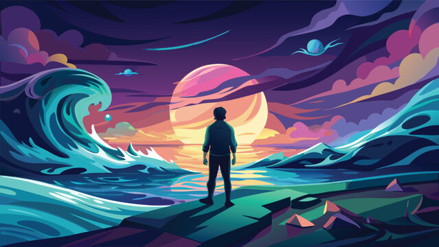 Surreal seascape during twilight with a solitary person facing a dramatic sky. Ideal for concepts of adventure wonder or introspection.